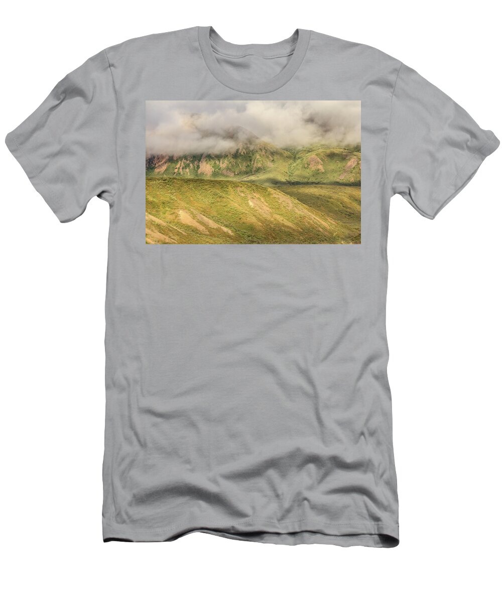 Alaska T-Shirt featuring the photograph Denali National Park Mountain Under Clouds by Joni Eskridge