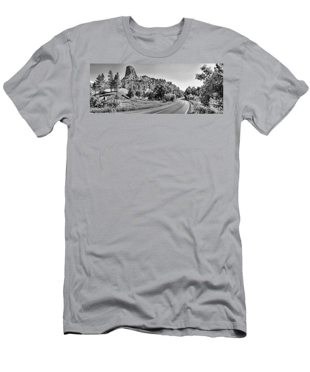 Black And White T-Shirt featuring the photograph Devils Tower Road Panorama - Black And White by Adam Jewell