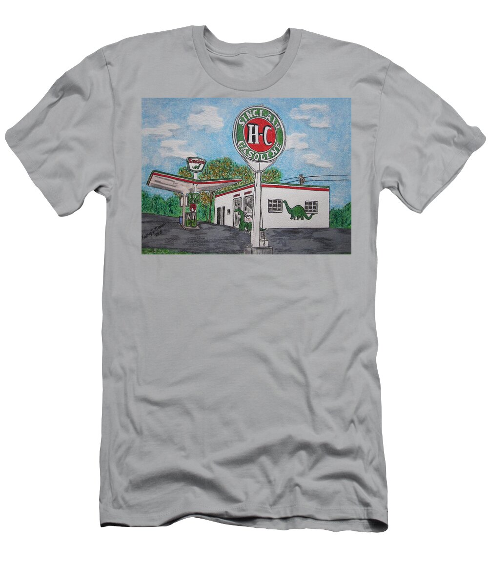 Dino T-Shirt featuring the painting Dino Sinclair Gas Station by Kathy Marrs Chandler