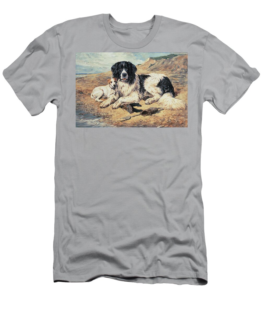 Dogs T-Shirt featuring the painting Dogs Watching Bathers by John Emms