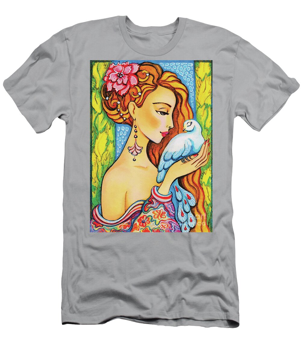 Dove Woman T-Shirt featuring the painting Dove Whisper by Eva Campbell