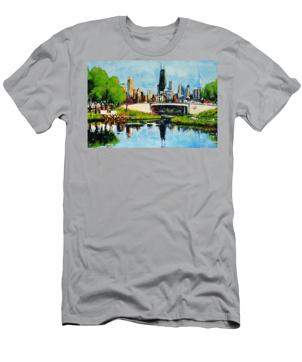 Robert Reeves T-Shirt featuring the painting Downtown Chicago from Lincoln Park by Robert Reeves