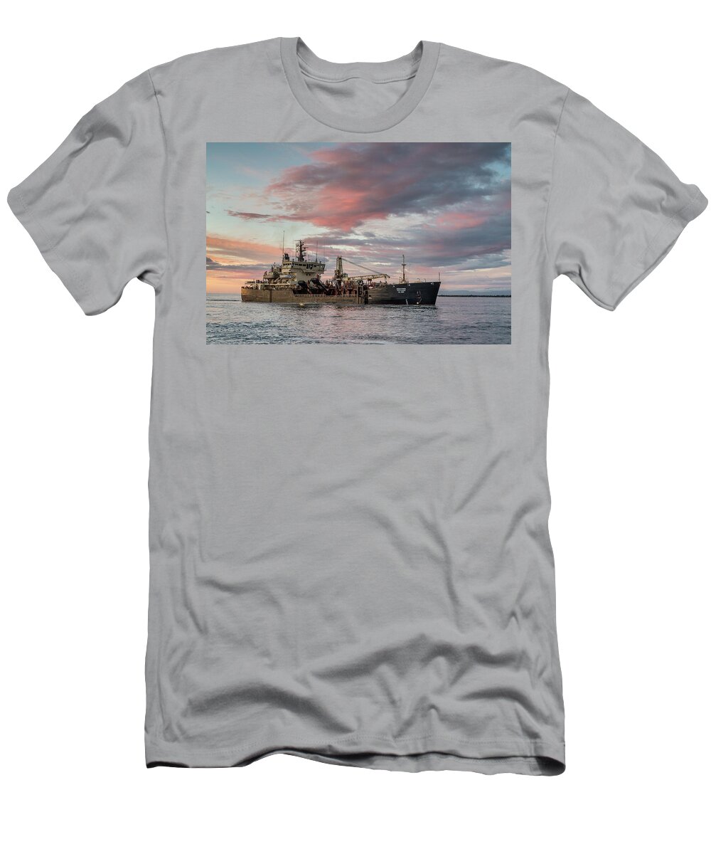 South Jetty T-Shirt featuring the photograph Dredging Ship by Greg Nyquist