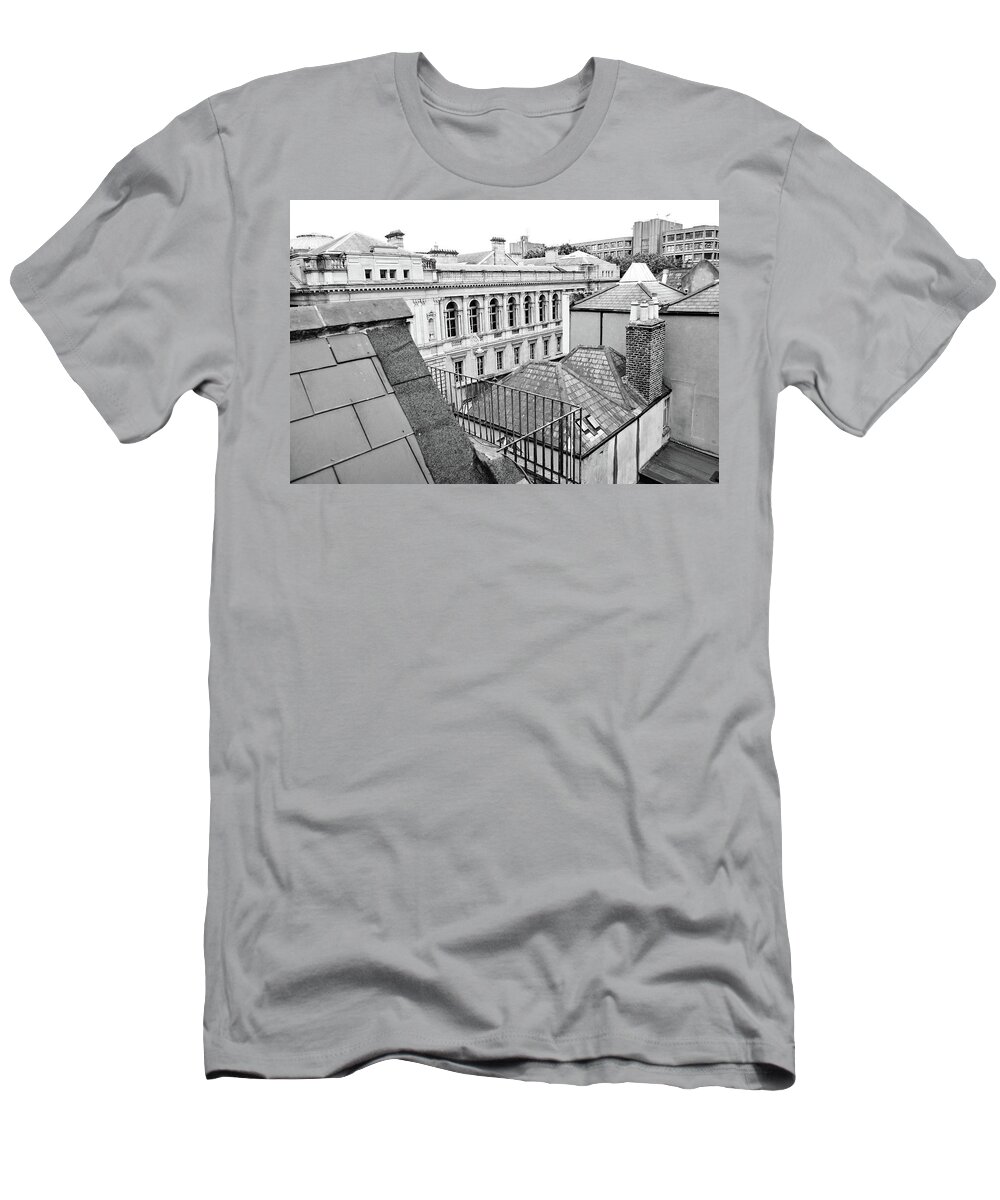 Dublin T-Shirt featuring the photograph Dublin Rooftops Overlooking National Museum of Ireland Dublin Ireland Black and White by Shawn O'Brien