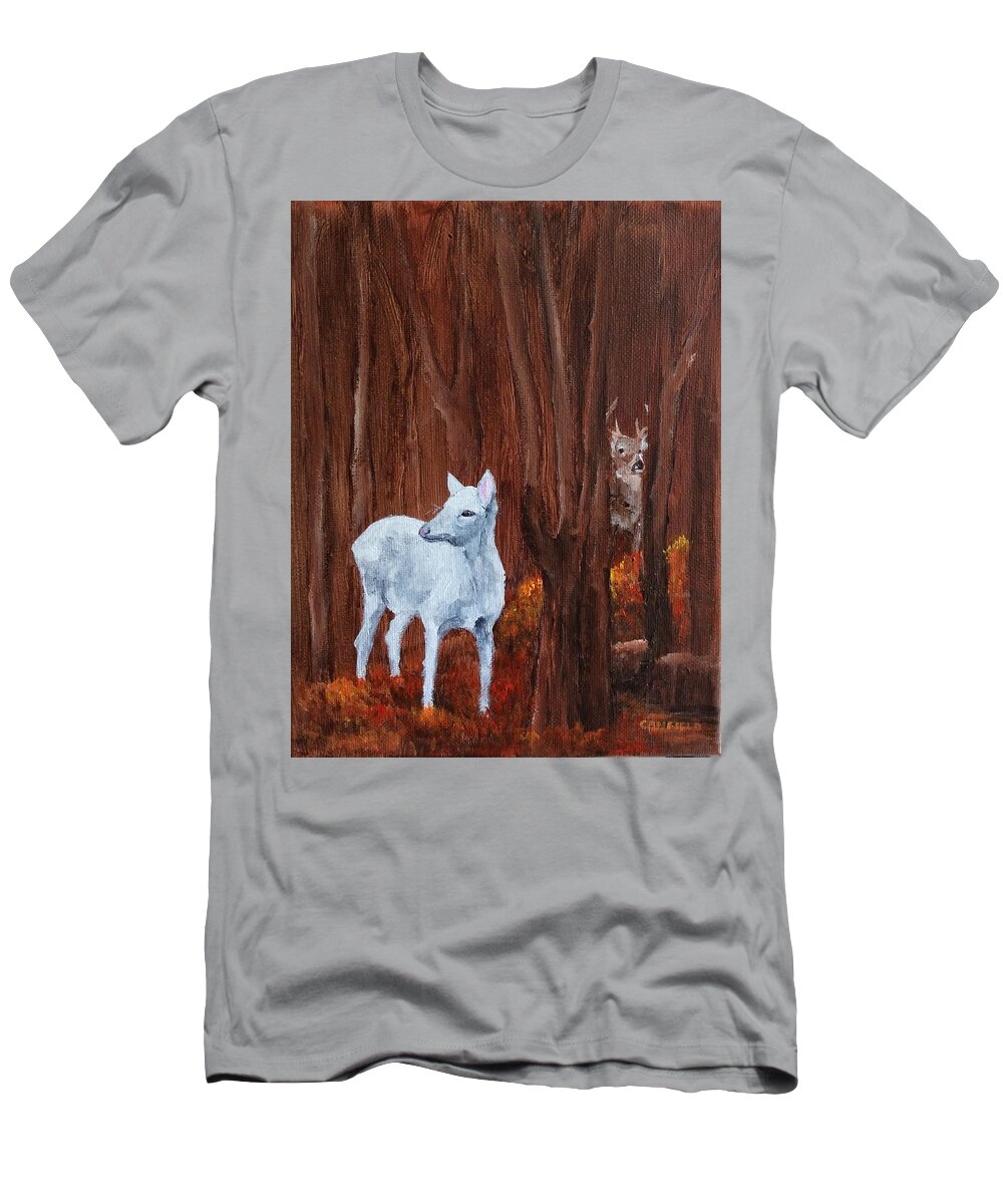 Deer T-Shirt featuring the painting East Aurora Albino Deer, by Ellen Canfield