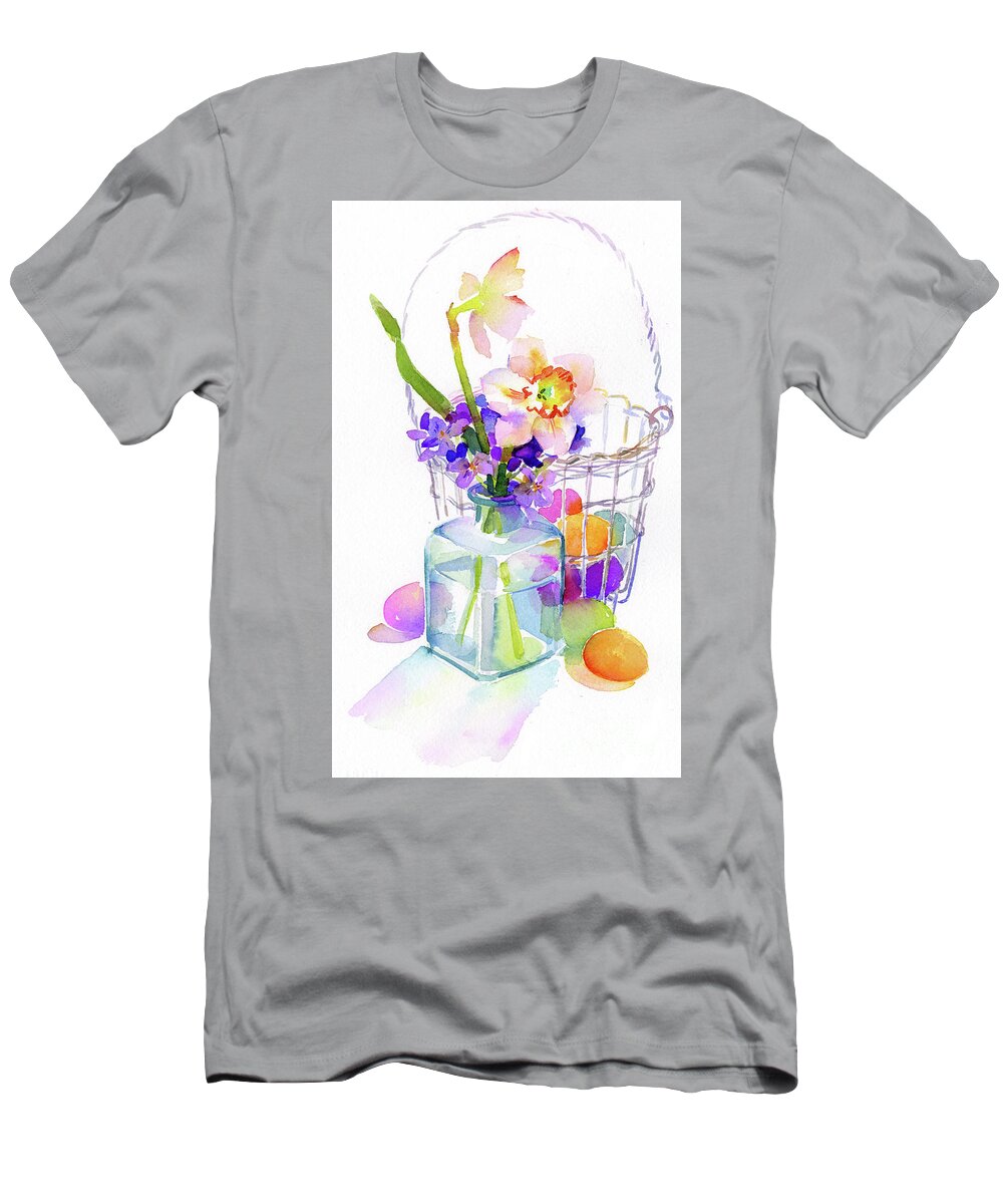 Narcissus T-Shirt featuring the painting Egg basket with flowers by John Keeling