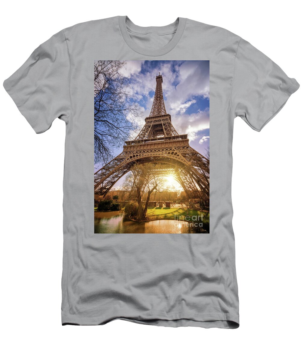 Eiffel Tower T-Shirt featuring the photograph Sunset under the Eiffel tower, Paris by Delphimages Paris Photography