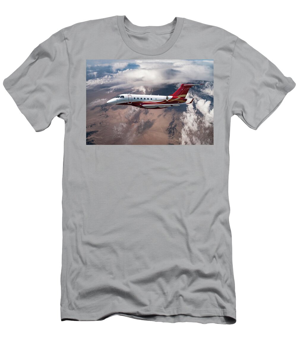 Embraer Aircraft T-Shirt featuring the mixed media EMB-550 at Altitude by Erik Simonsen