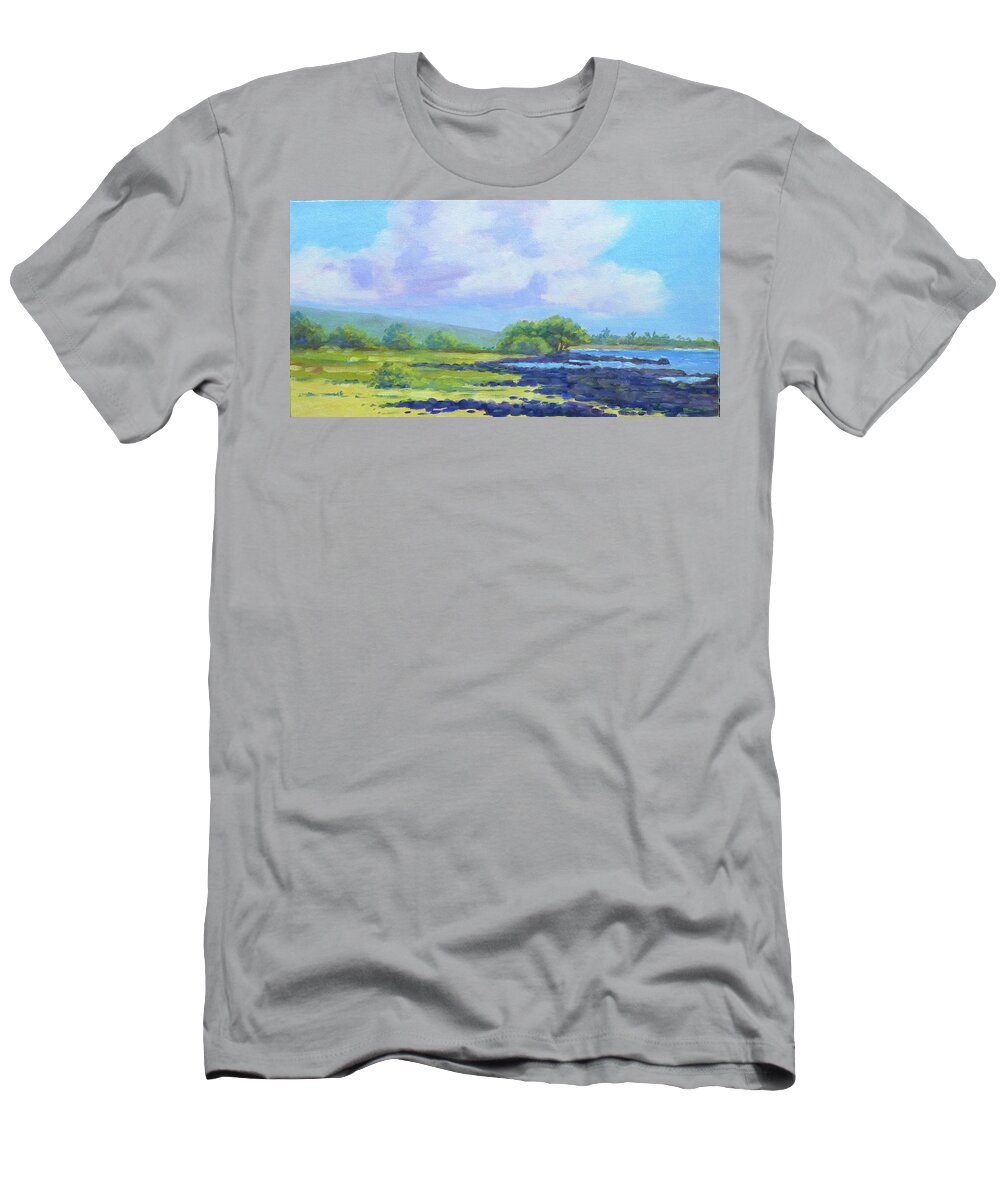 Landscape T-Shirt featuring the painting Energy Lab Beach Sky by Stan Chraminski