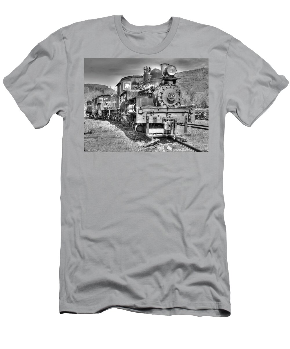 Train T-Shirt featuring the photograph Engine 12 Black And White by Lorraine Baum