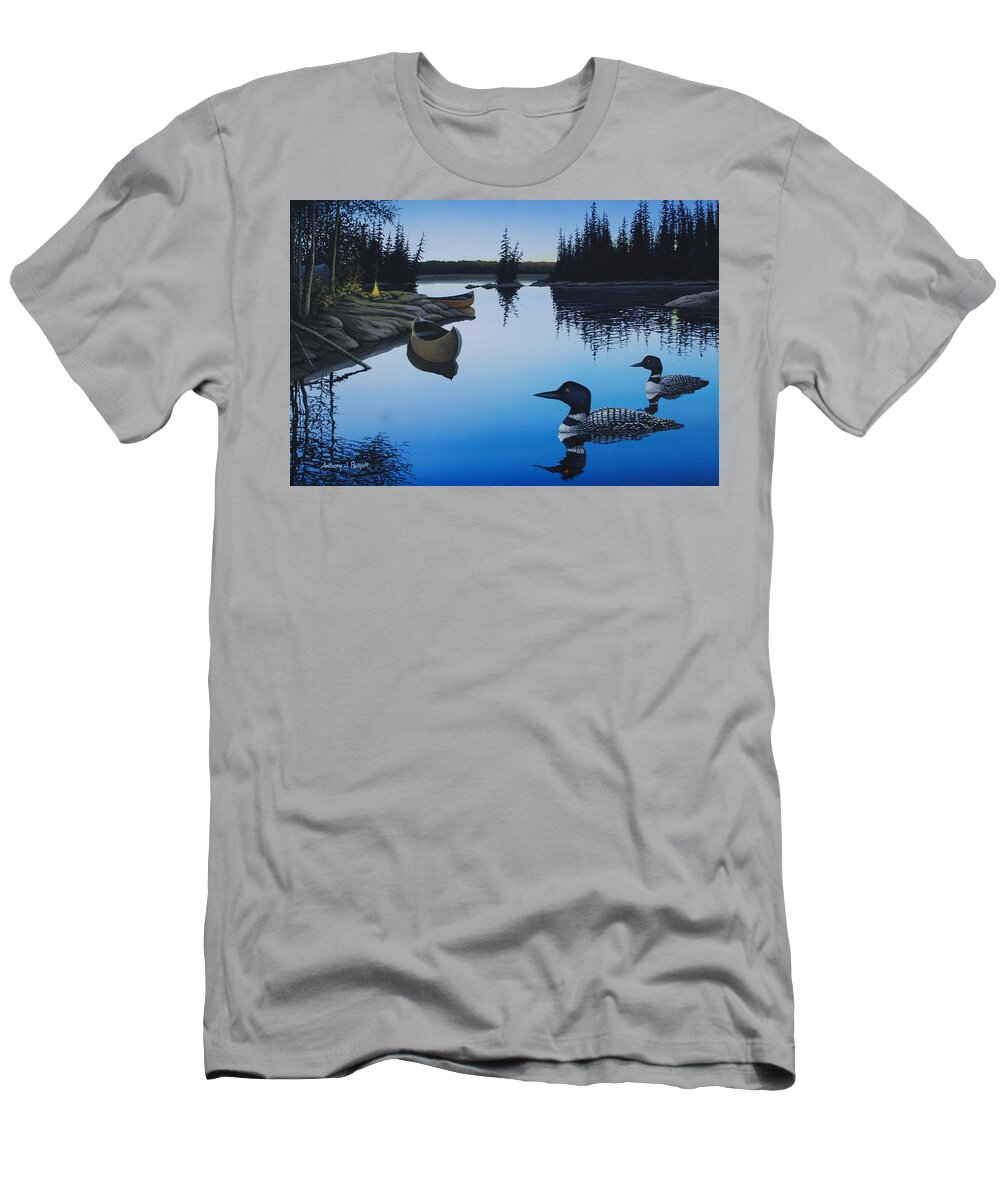 Loons T-Shirt featuring the painting Evening Loons by Anthony J Padgett