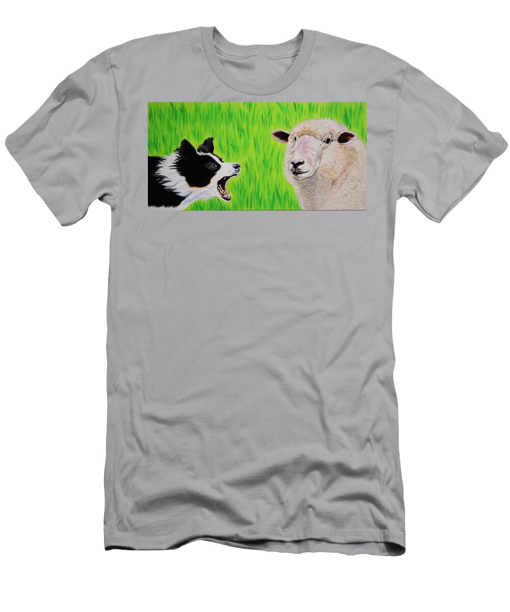 Border Collie T-Shirt featuring the painting Ewe Talk'in to Me? by Sonja Jones