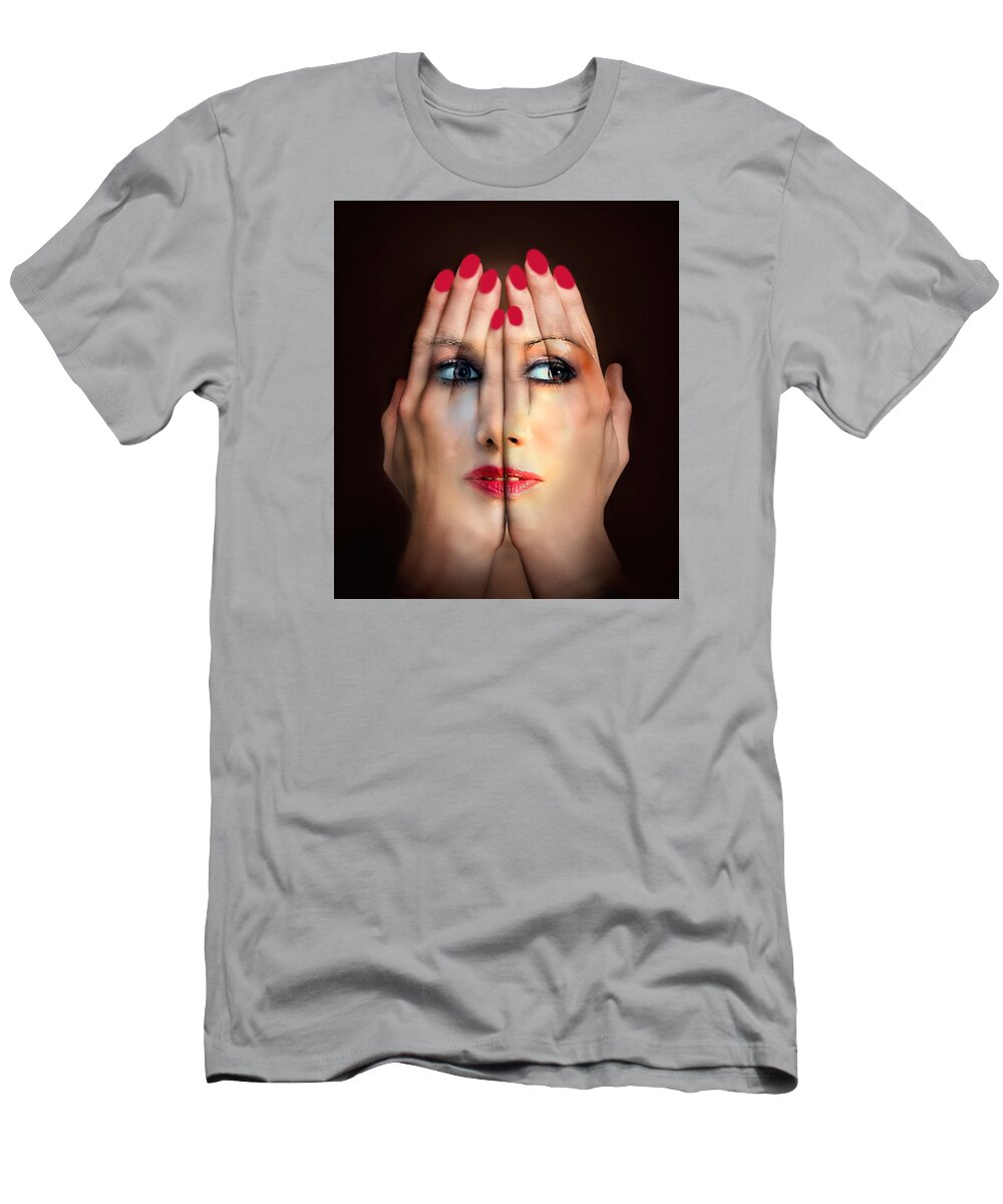 Face T-Shirt featuring the photograph Face through hands by Constantinos Iliopoulos