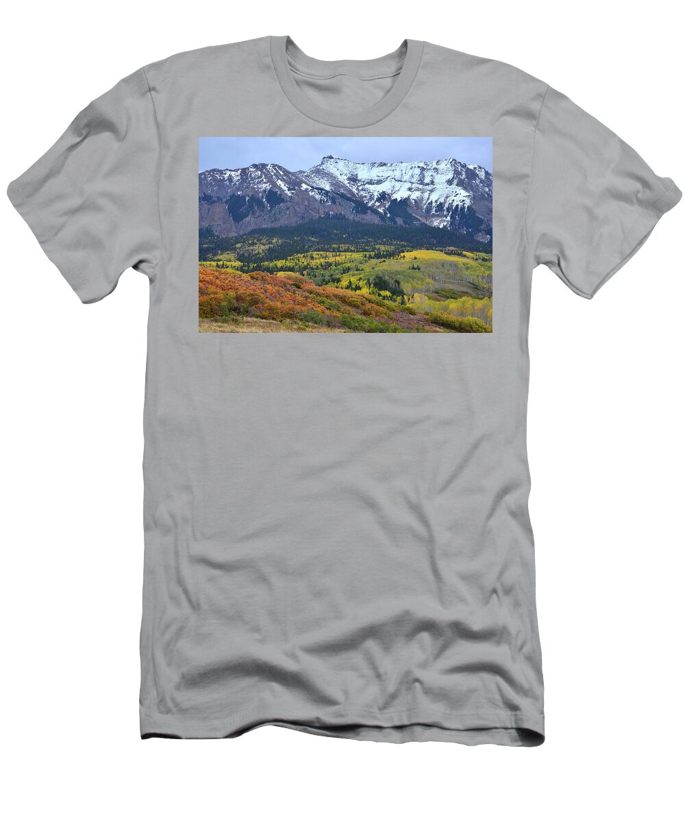 Colorado T-Shirt featuring the photograph Fall Color Comes to Hillsides along Last Dollar Road by Ray Mathis