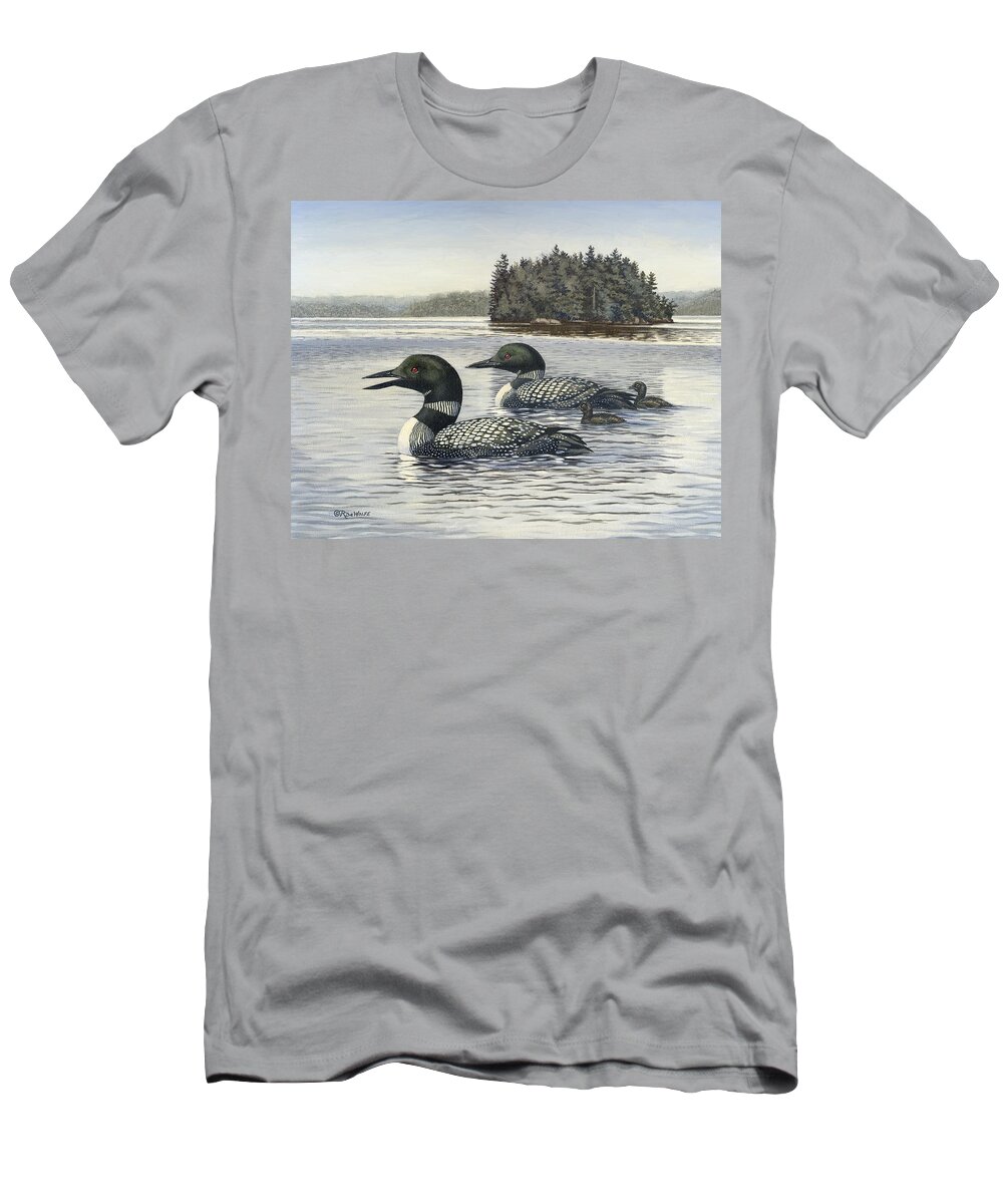 Common Loon T-Shirt featuring the painting Family Outing by Richard De Wolfe