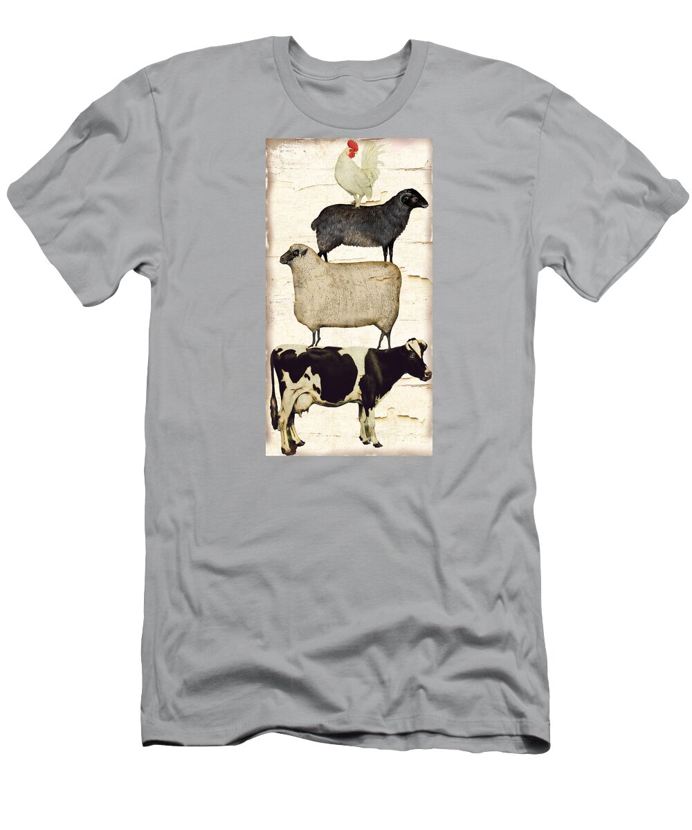 Rooster T-Shirt featuring the painting Farm Animals Pileup by Mindy Sommers
