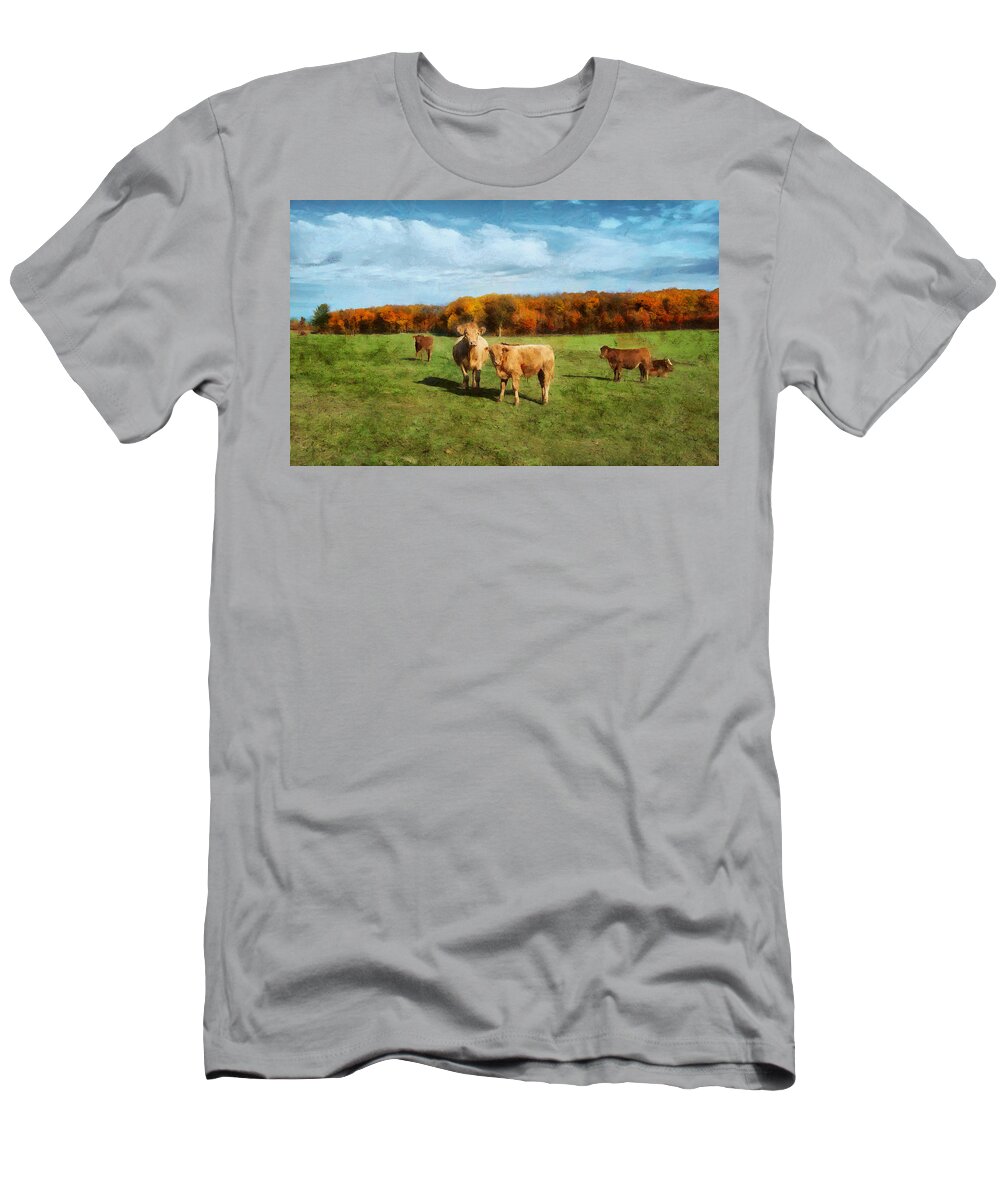 Fields T-Shirt featuring the digital art Farm Field and Brown Cows by JGracey Stinson