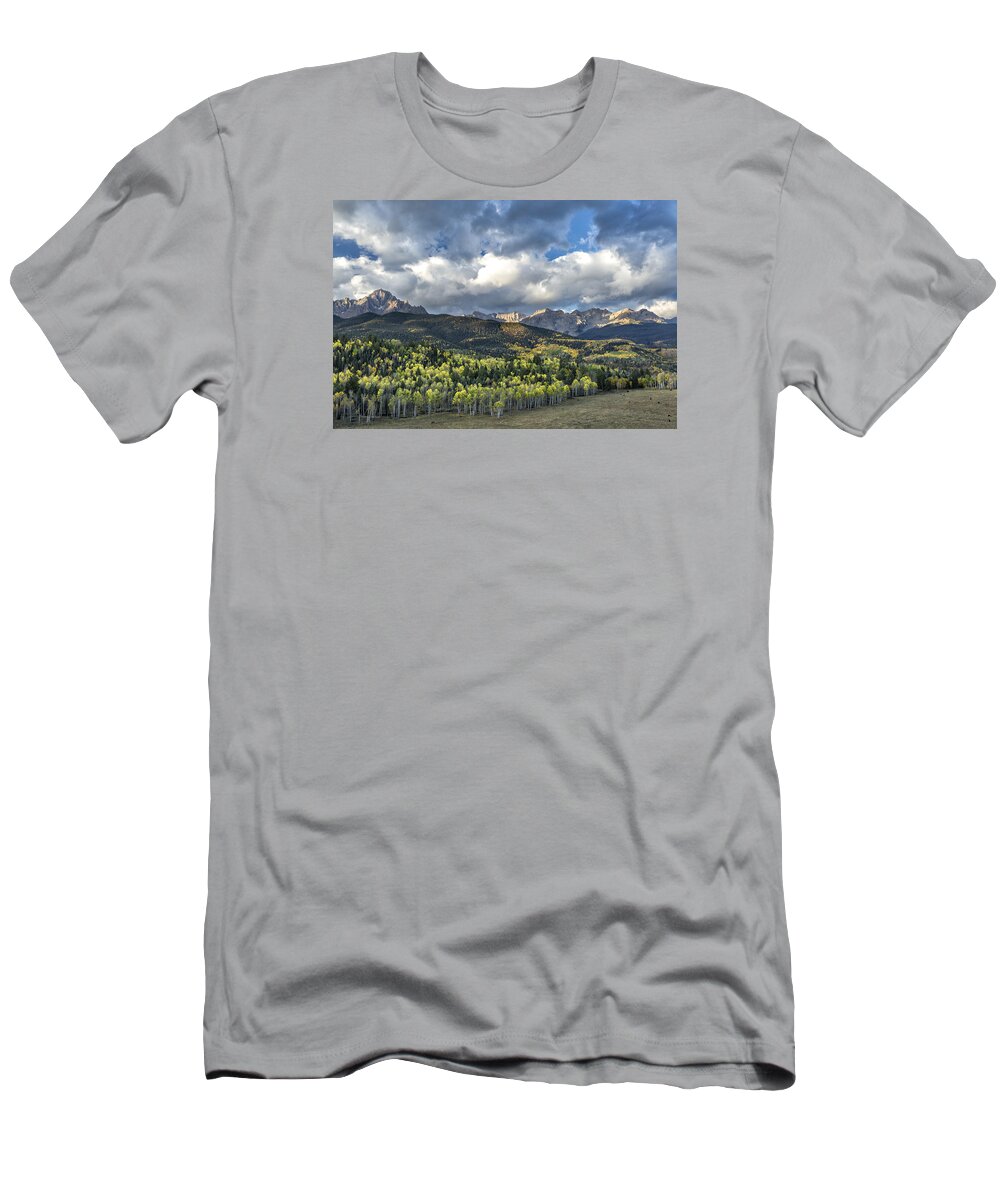 Autumn T-Shirt featuring the photograph First Light on the Sneffels Range by Denise Bush