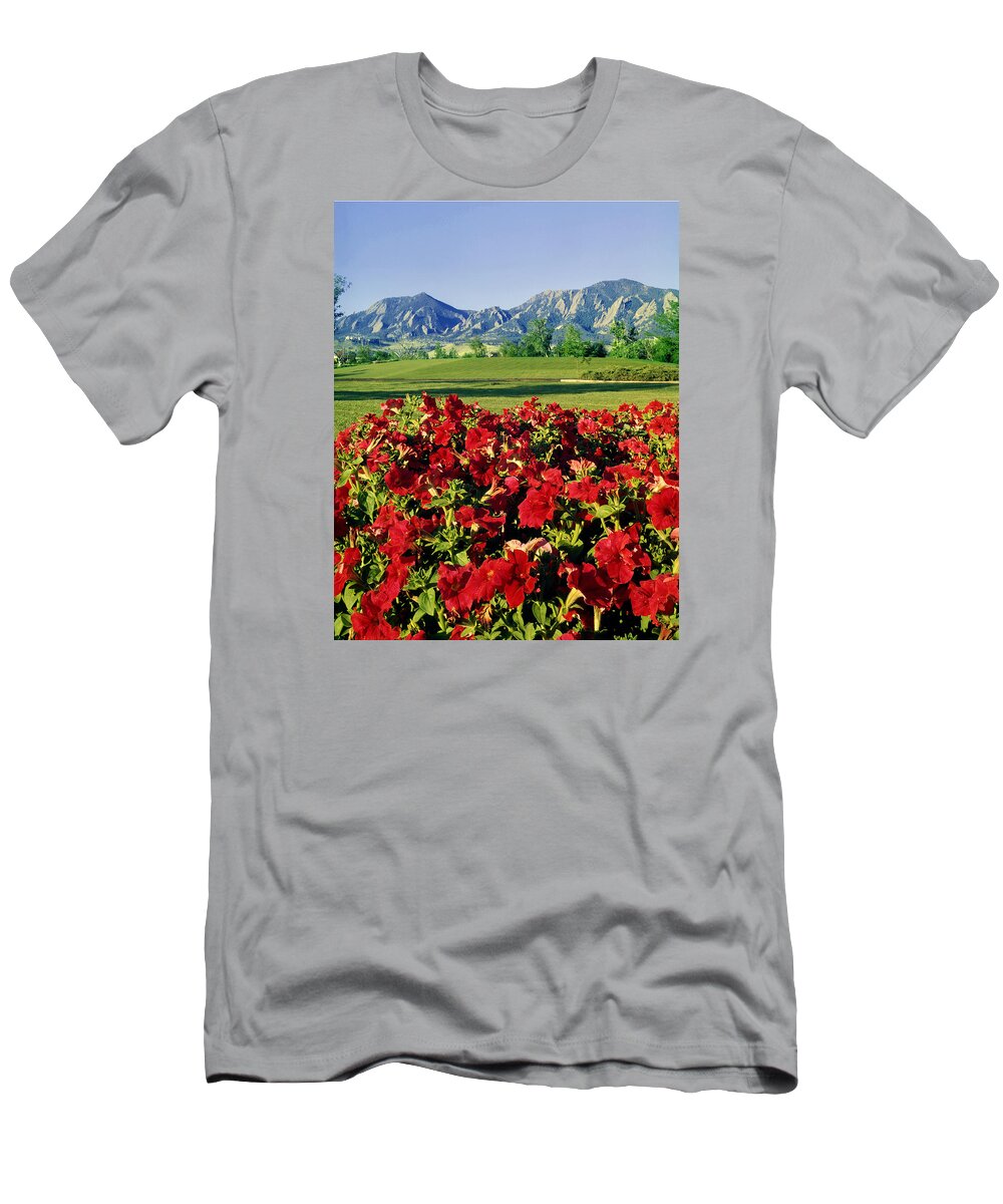 Flatirons T-Shirt featuring the photograph 210546-V-Flatirons and Flowers V by Ed Cooper Photography