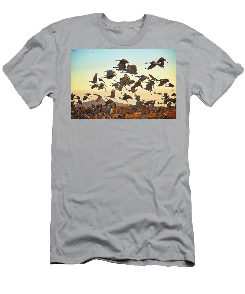 Nature T-Shirt featuring the photograph Liftoff, Sandhill Cranes by Zayne Diamond Photographic