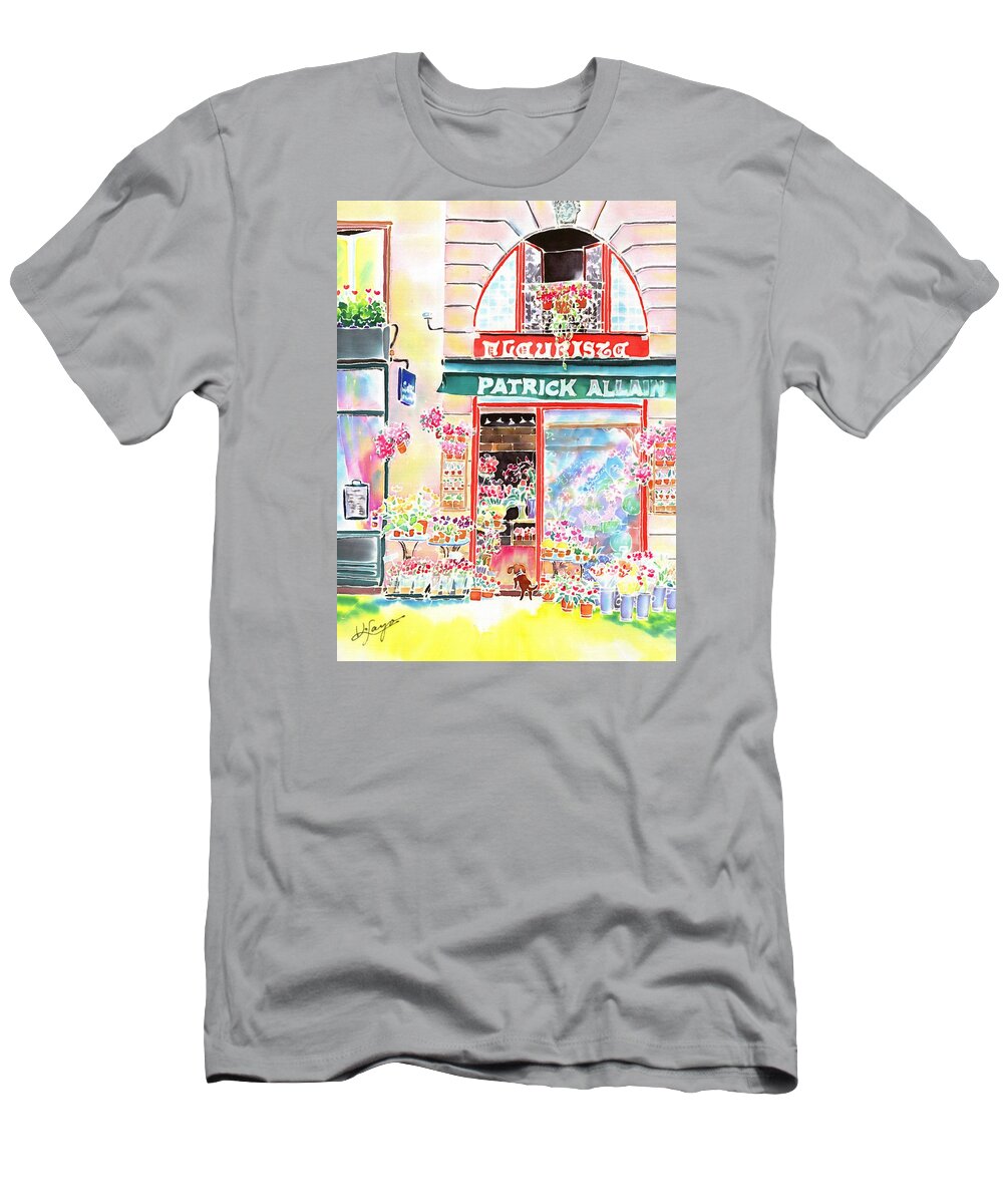 Flower Shop T-Shirt featuring the painting Florist in Ile St.Louis by Hisayo OHTA