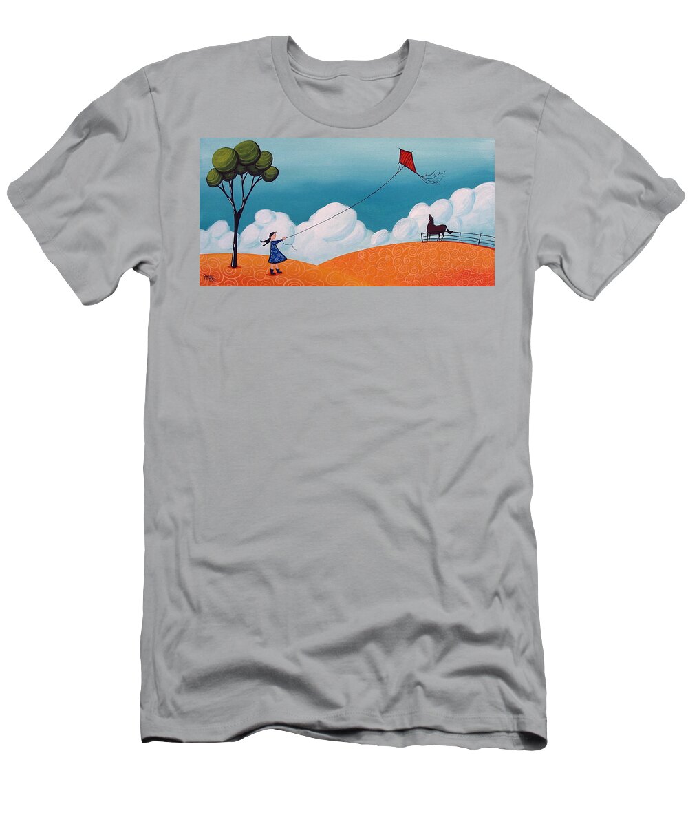 Art T-Shirt featuring the painting Flying With Becky - whimsical landscape by Debbie Criswell