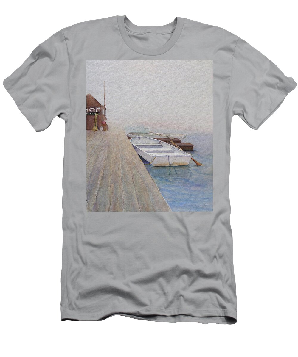 Boat T-Shirt featuring the painting Foggy Morn by Judy Mercer
