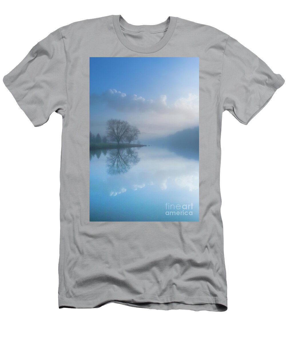 Foggy Morning Lake Sunrise T-Shirt featuring the photograph Foggy Morning Lake Sunrise by Randy Steele