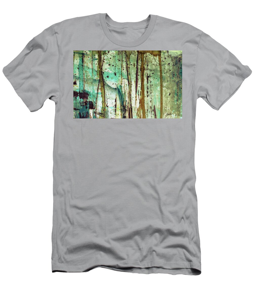 Abstract T-Shirt featuring the painting Forest Rain - Abstract Forest Landscape Art Painting by Modern Abstract
