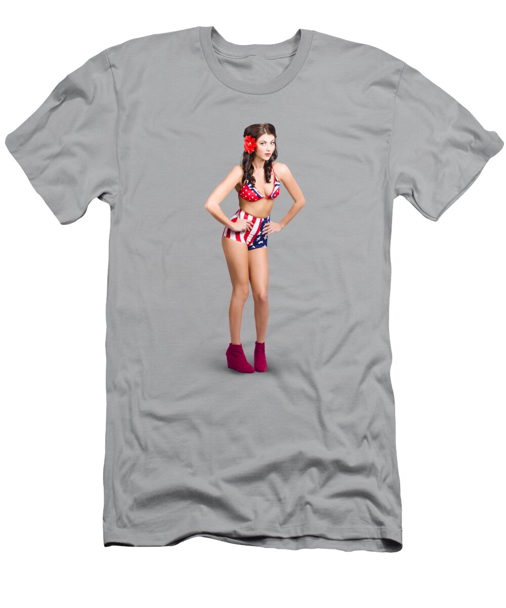 Pinup T-Shirt featuring the photograph Full body pin-up girl. American retro style by Jorgo Photography
