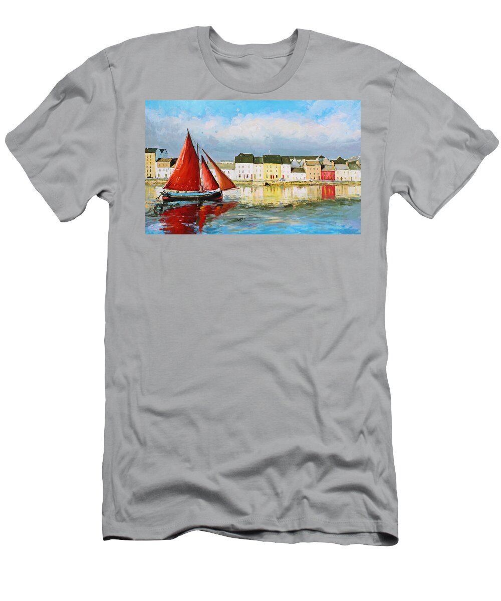 Galway Hooker T-Shirt featuring the painting Galway Hooker Leaving Port by Conor McGuire