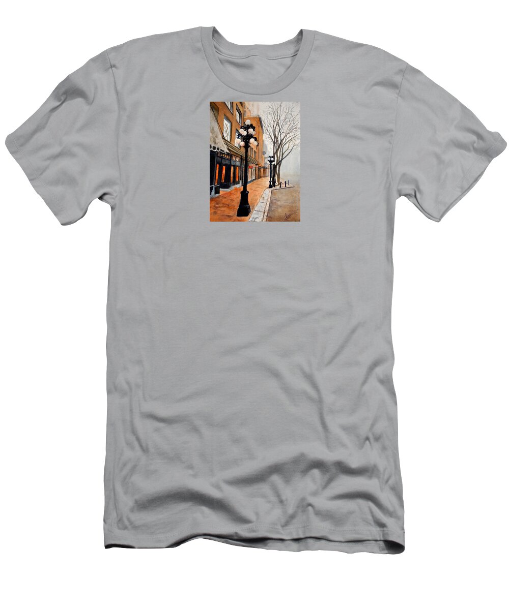 Street Scene T-Shirt featuring the painting Gastown, Vancouver by Sher Nasser