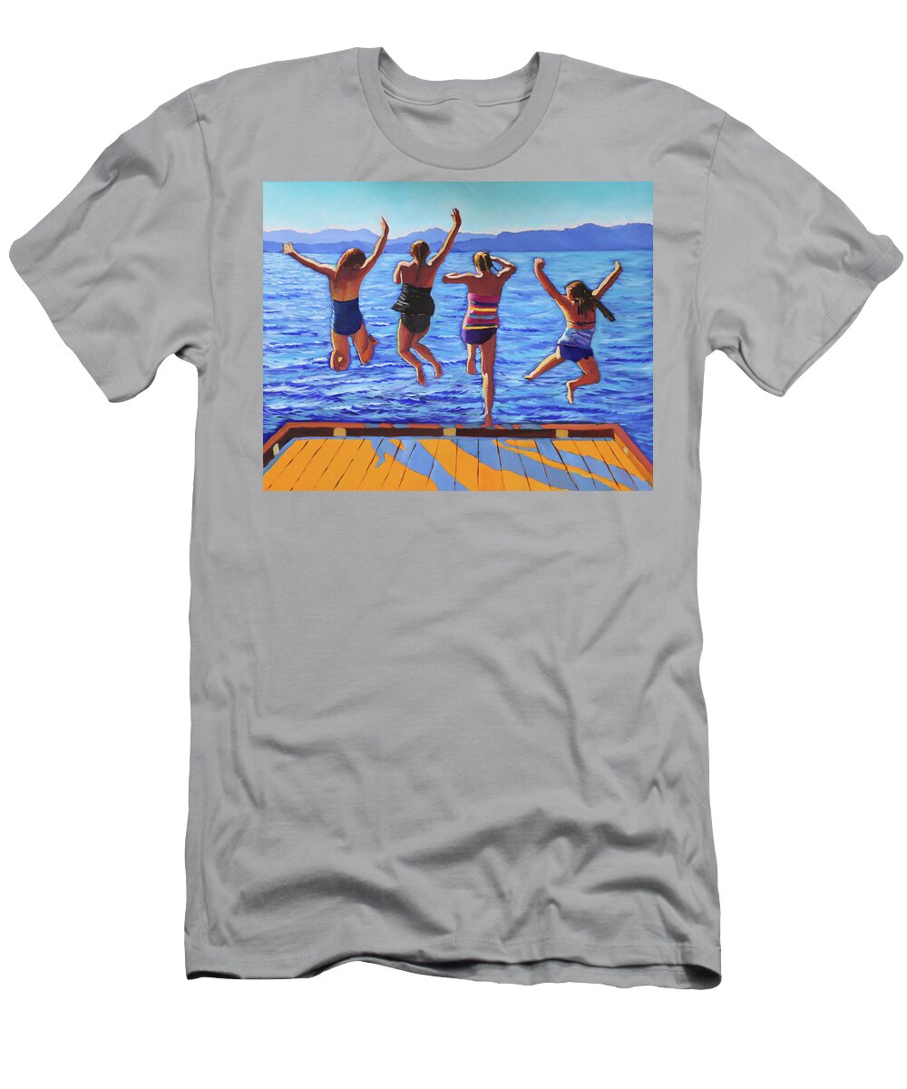 Girls T-Shirt featuring the painting Girls Jumping by Kevin Hughes