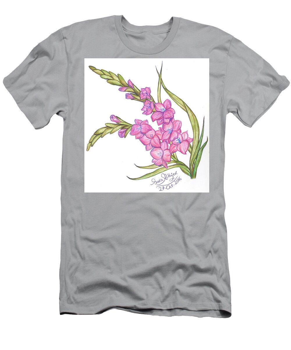  T-Shirt featuring the drawing Gladiolus Pink by Sara Alhajeri