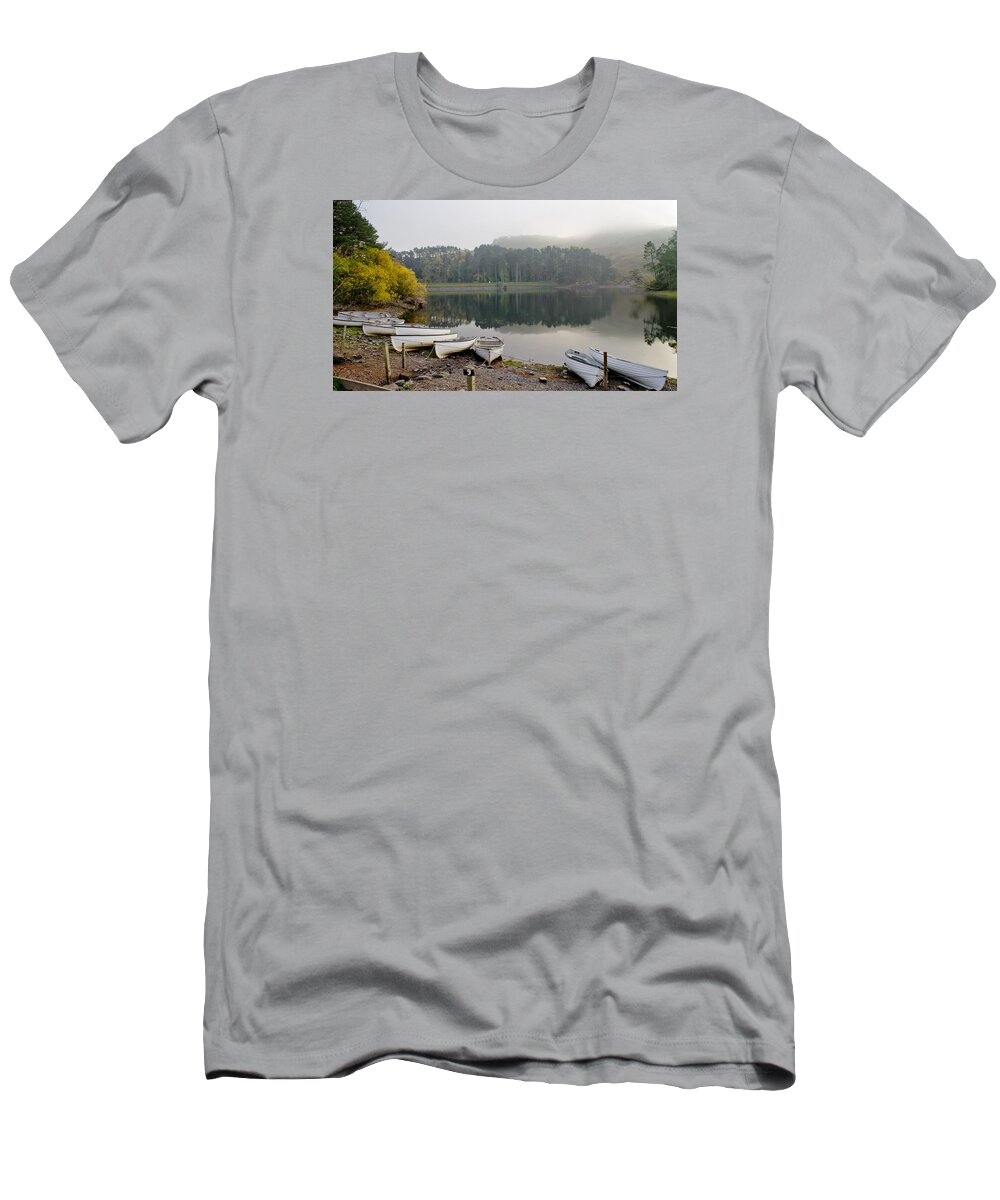 Boats T-Shirt featuring the photograph Glencorse reflection. by Elena Perelman