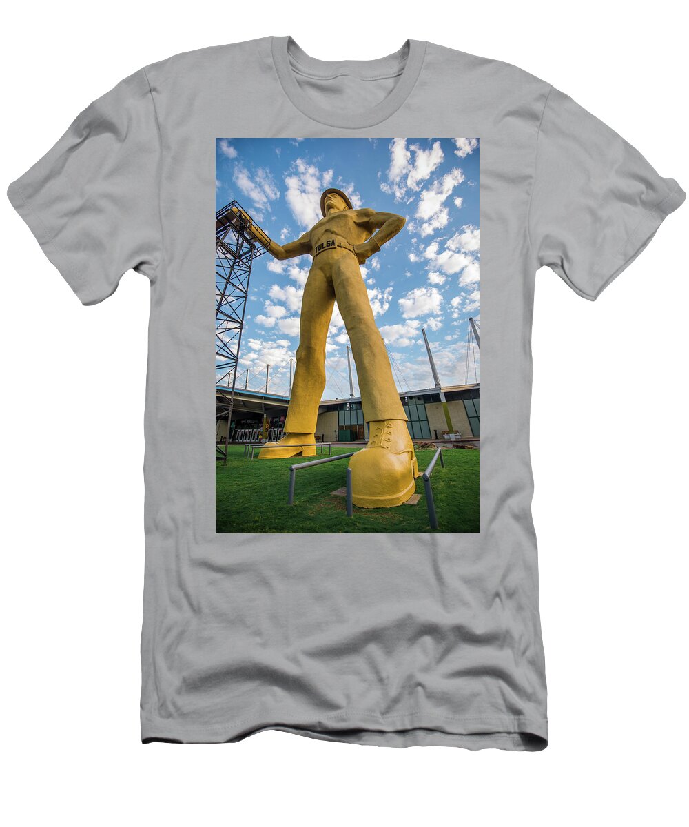 America T-Shirt featuring the photograph Golden Driller Statue - Tulsa Oklahoma by Gregory Ballos