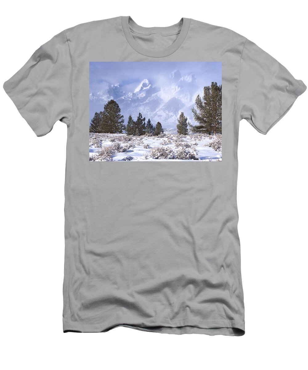 Snow T-Shirt featuring the photograph Grand Tetons in Winter Snowstorm by Ted Keller