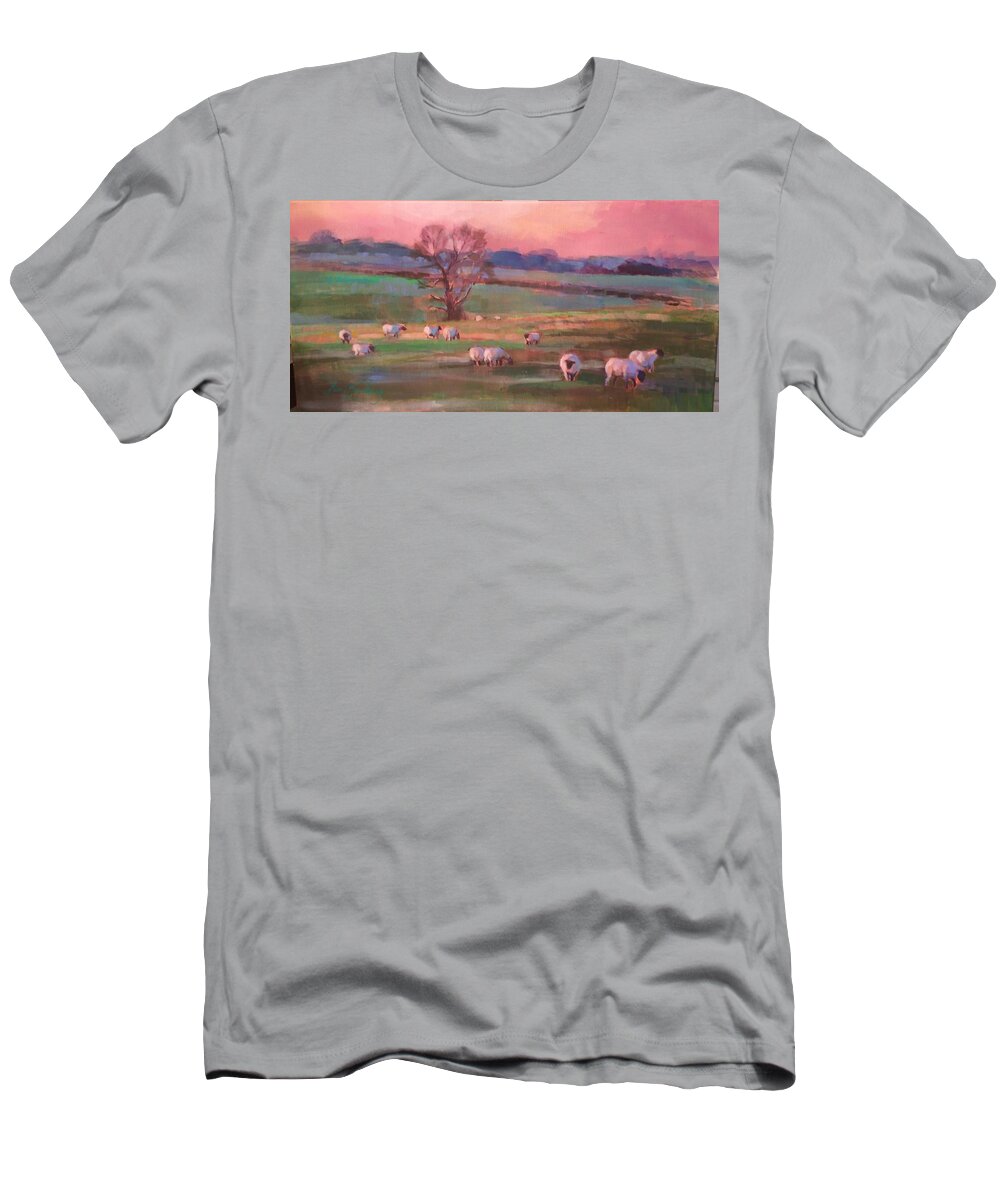 Sheep T-Shirt featuring the painting Grazing sheep by Susan Bradbury