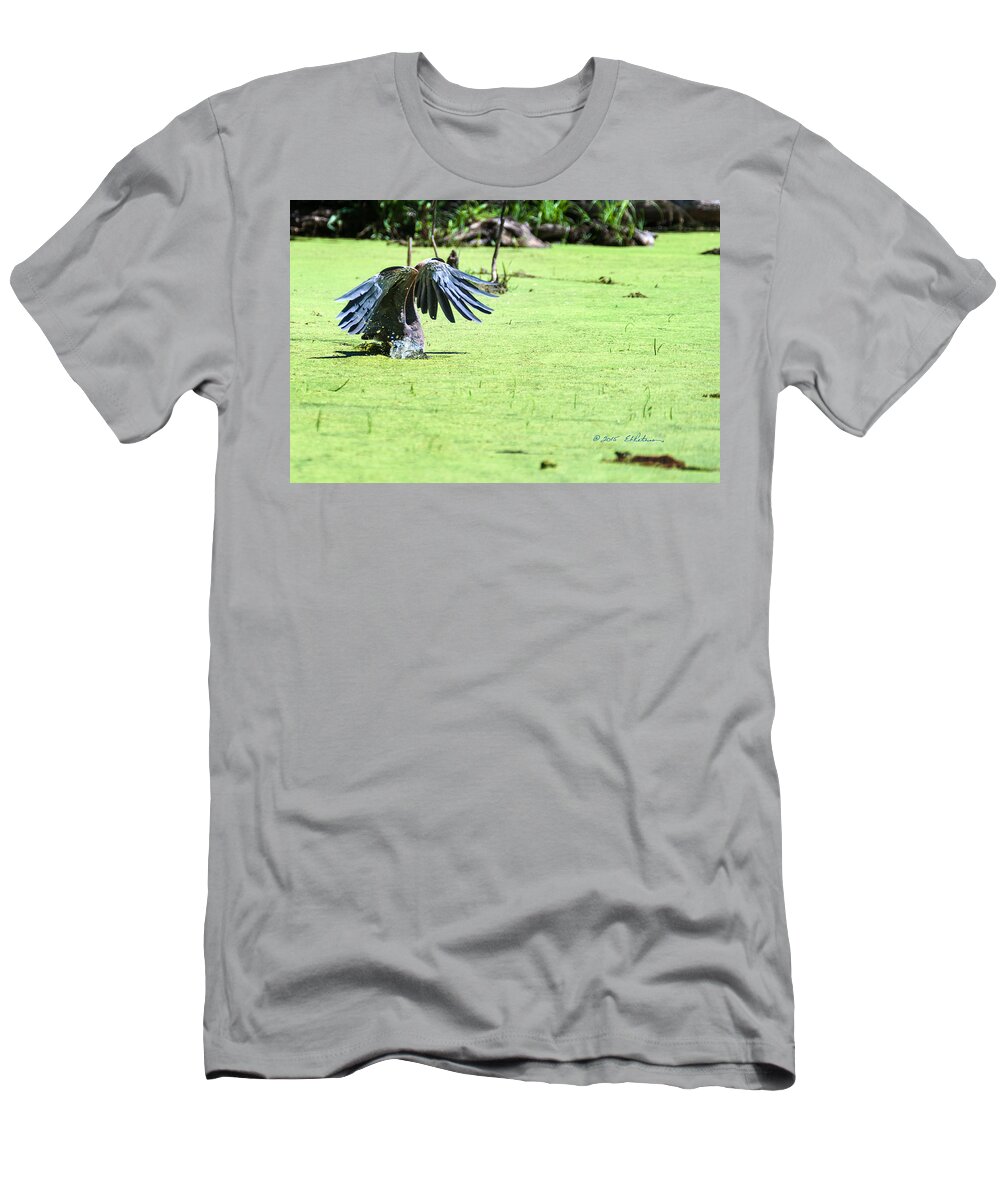 Great Blue Heron T-Shirt featuring the photograph Great Blue Heron Dunk by Ed Peterson