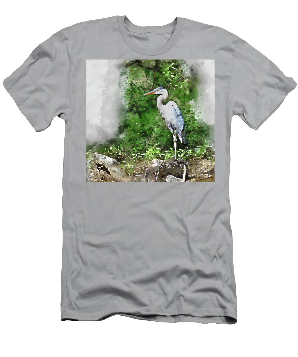 Heron T-Shirt featuring the digital art Great Blue Heron Watercolor by Kathy Kelly