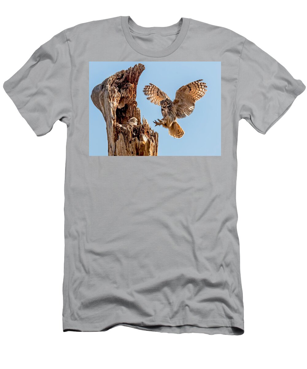 Bubo Virginianus T-Shirt featuring the photograph Great Horned Owl Returning to Her nest by Dawn Key