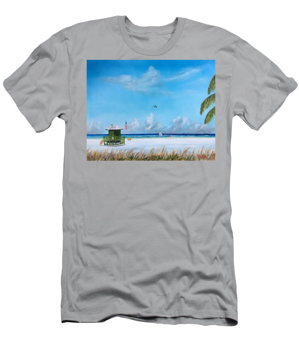 Lifeguard T-Shirt featuring the painting Green Lifeguard On Siesta Key by Lloyd Dobson