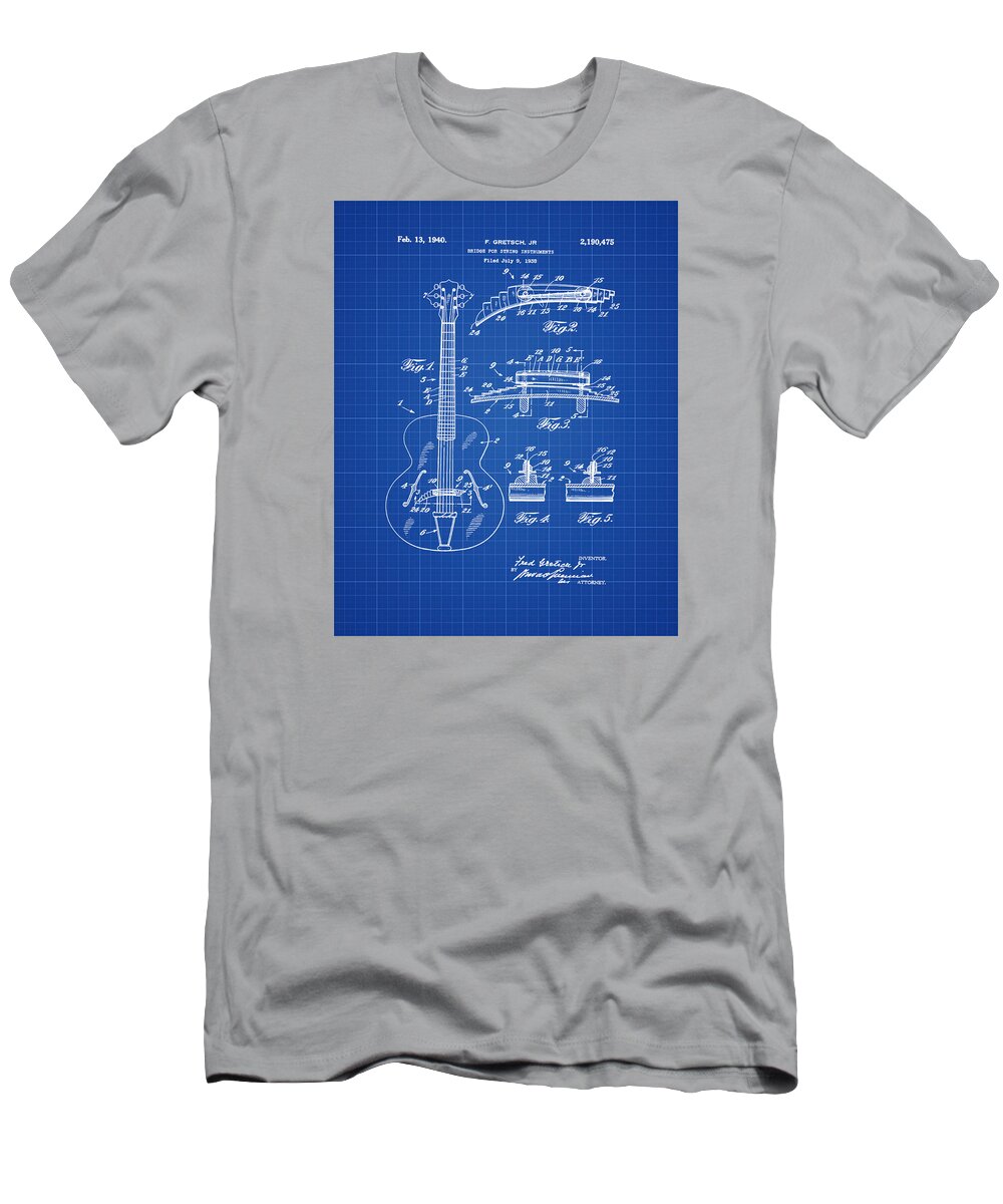 Guitar T-Shirt featuring the photograph Gretsch Guitar Bridge Patent 1940 Blue Print by Bill Cannon
