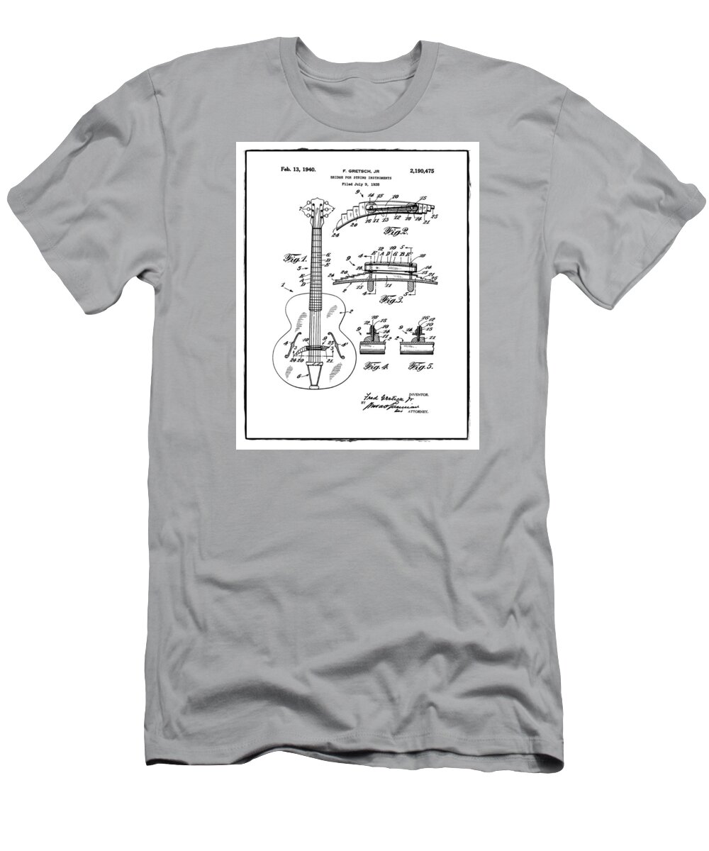 Guitar T-Shirt featuring the photograph Gretsch Guitar Bridge Patent 1940 White by Bill Cannon