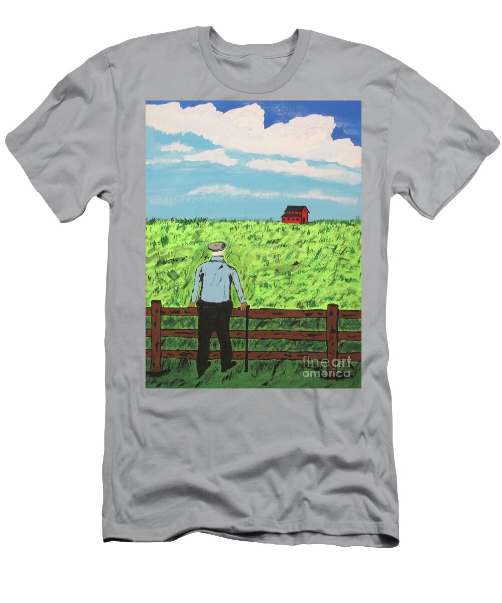 Blue Sky T-Shirt featuring the painting Griff and The Red Barn by Jeffrey Koss