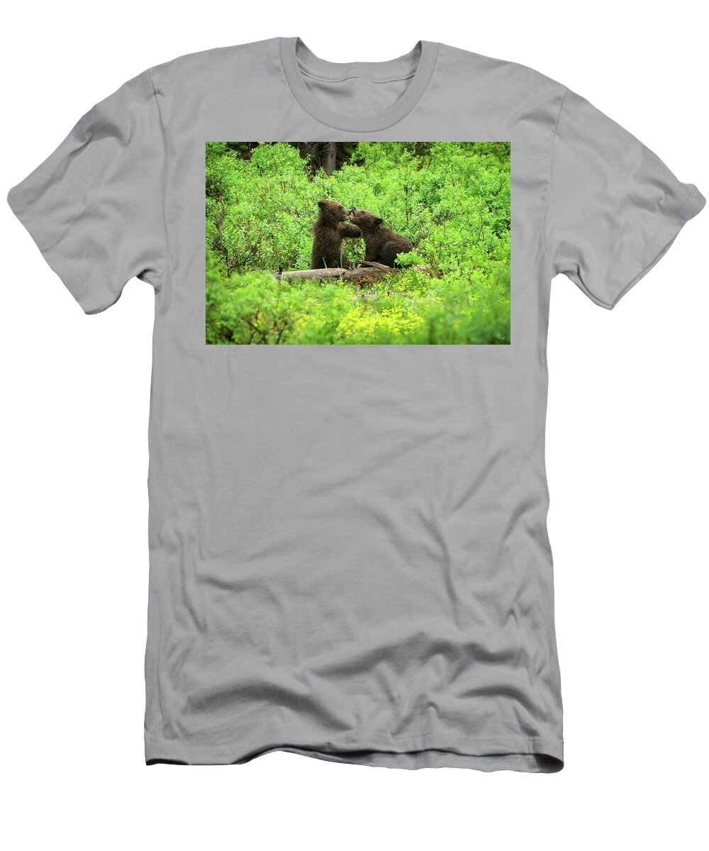 Grizzly T-Shirt featuring the photograph Grizzly Cubs At Play by Greg Norrell