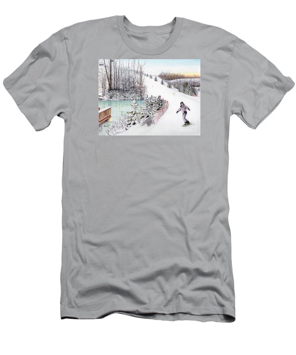 Gunnar T-Shirt featuring the painting Gunnar Slope and The Ducky Pond by Albert Puskaric