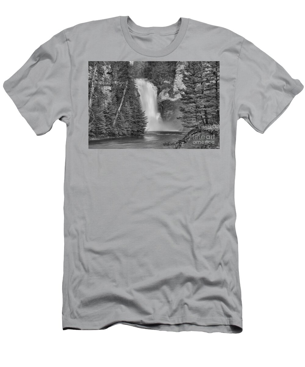 Trick Falls T-Shirt featuring the photograph Gushing In The Spring At Trick Falls Black And White by Adam Jewell