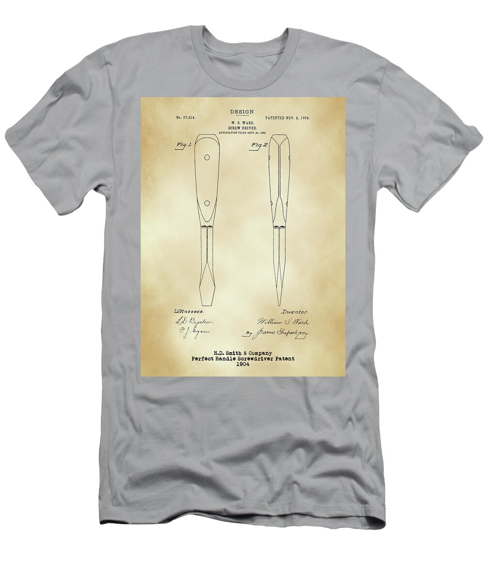 H D Smith T-Shirt featuring the digital art H. D. Smith Perfect Handle Screwdriver Patent Parchment by David Smith