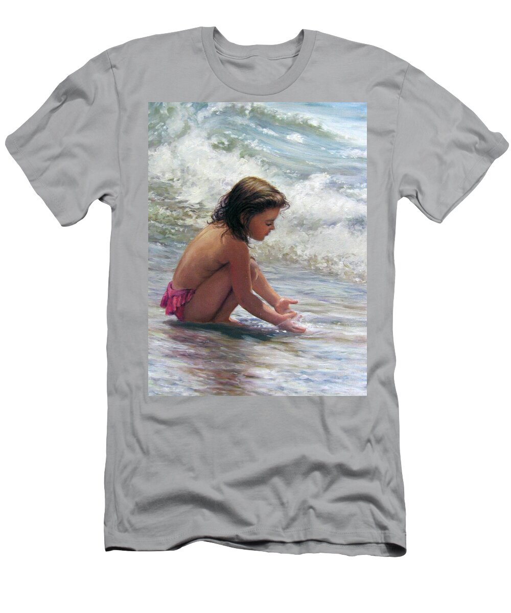 Child In Surf T-Shirt featuring the painting Hands in the Sea by Marie Witte